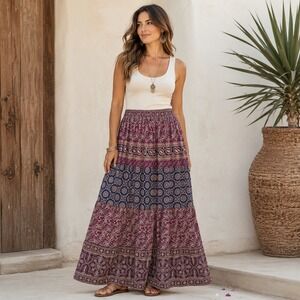 VTG Passports Of Pier 1 Multicolor Tiered Maxi Skirt Medium Boho Festival